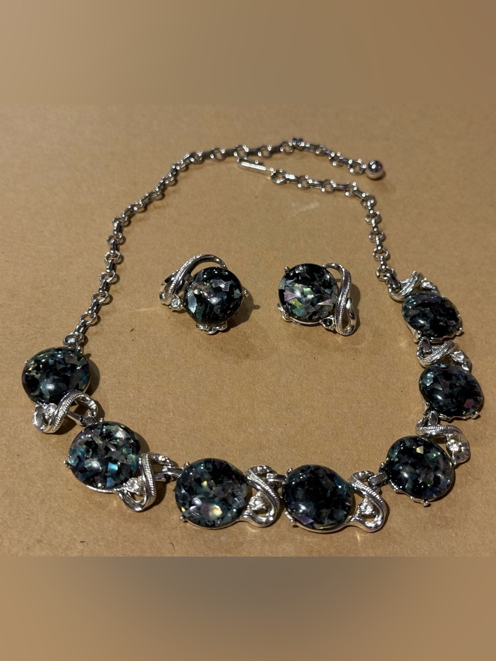 Vintage Coro Silver-Tone Necklace and Clip Earrings with Iridescent Black Stones